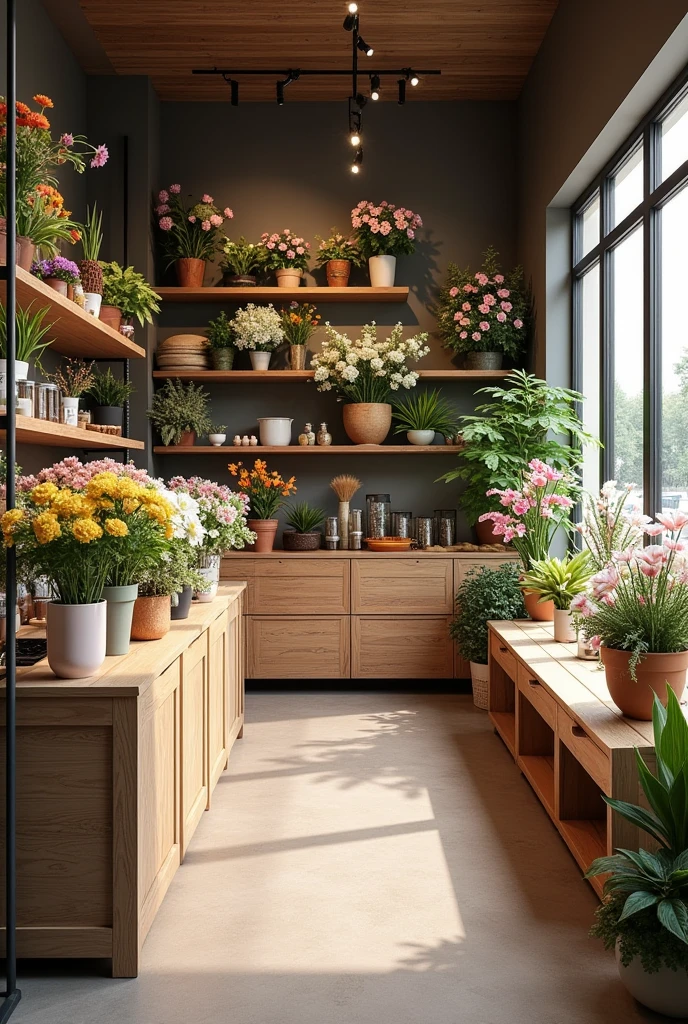 Make me a plan of a flower shop with a total area of 100 square meters distributed as follows: 50 square meters for the display area, 30 square meters for the work space, 15 m2 for the storage area, and 5 m2 for the office area.