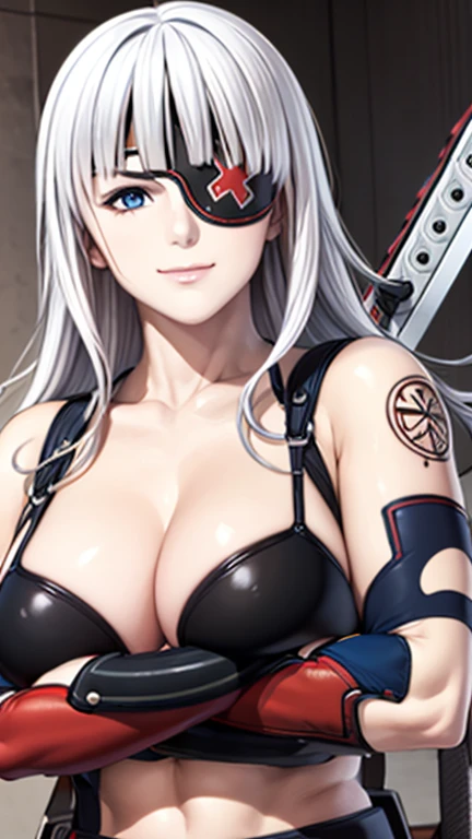 kana with long white hair and black red eyepatch outfit gloves, tattoo, holding big blades, blue eyes, beautiful eyes, beautiful girl, high detail skin, high detail eyes, high detail hair, highres, ultra detailed, detailed pores, imperfect skin, detailed reflective shiny skin, diffused skin pores,sharpen picture, Highly detailed, masterpiece, best quality, smiling, ((liking))