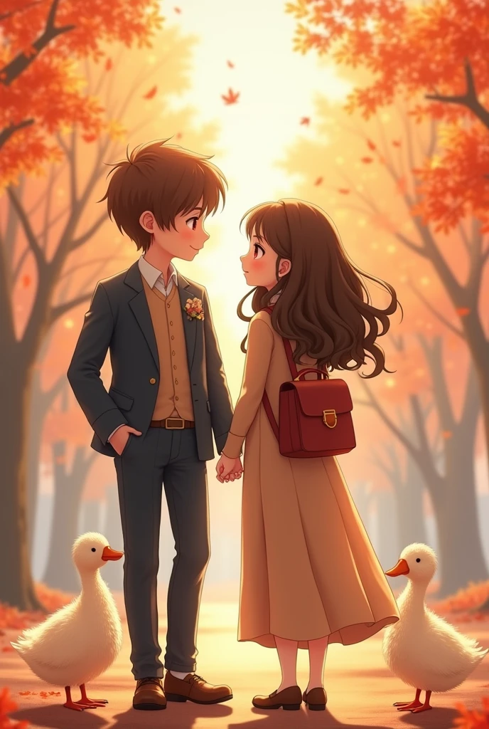 size：1242x2688 pixels，C4D Model，Young couple，Anime style，The eyes of boys and girls have a sense of brushing，A brown girl with long curly hair wearing a lady&#39;s long skirt suit and carrying a small backpack，Boys short brown hair，Wearing a casual and handsome suit，The two of them are full of hope for the future，Background spring blooming season，Spring，Mandarin ducks in pairs，highly，Volumetric light，Happy top view up view background is autumn leaves falling ultra hd 4k，webp