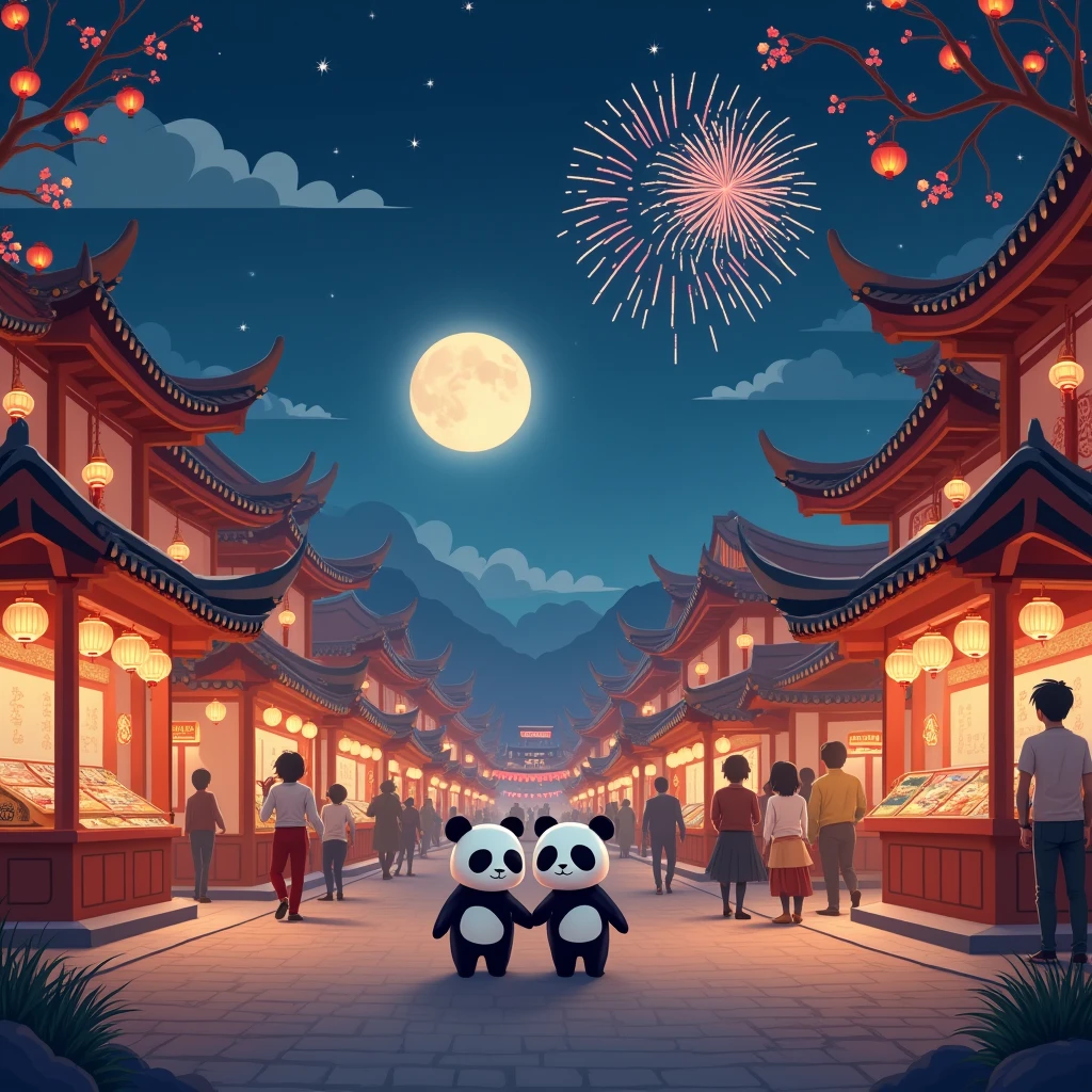 On a peaceful autumn night,A bright full moon hangs high in the clear blue night sky,A little star shines。In a beautiful square,Two cute pandas standing under the moon,They silently look forward,As if waiting for an important moment。
Traditional celebratory installations are arranged in the square,Bamboo lanterns and art installations dot the entire environment,Add a mysterious atmosphere to the festival。The stalls are filled with mooncakes of various flavors,Exudes an enticing aroma,People waiting to taste。and as night falls,The lights gradually come on,It adds a unique color to the square。
In the night sky,Gorgeous fireworks bloom,Bring the whole celebration to a climax,People look up at the sky,Cheers celebrate the Mid-Autumn Festival。The moment is filled with tradition and a spirit of celebration,Present memorable artistic pictures。
