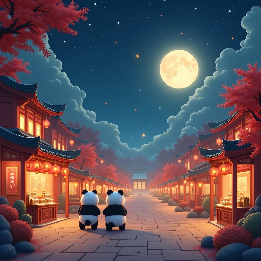 On a peaceful autumn night,A bright full moon hangs high in the clear blue night sky,A little star shines。In a beautiful square,Two cute pandas standing under the moon,They silently look forward,As if waiting for an important moment。
Traditional celebratory installations are arranged in the square,Bamboo lanterns and art installations dot the entire environment,Add a mysterious atmosphere to the festival。The stalls are filled with mooncakes of various flavors,Exudes an enticing aroma,People waiting to taste。and as night falls,The lights gradually come on,It adds a unique color to the square。
In the night sky,Gorgeous fireworks bloom,Bring the whole celebration to a climax,People look up at the sky,Cheers celebrate the Mid-Autumn Festival。The moment is filled with tradition and a spirit of celebration,Present memorable artistic pictures。