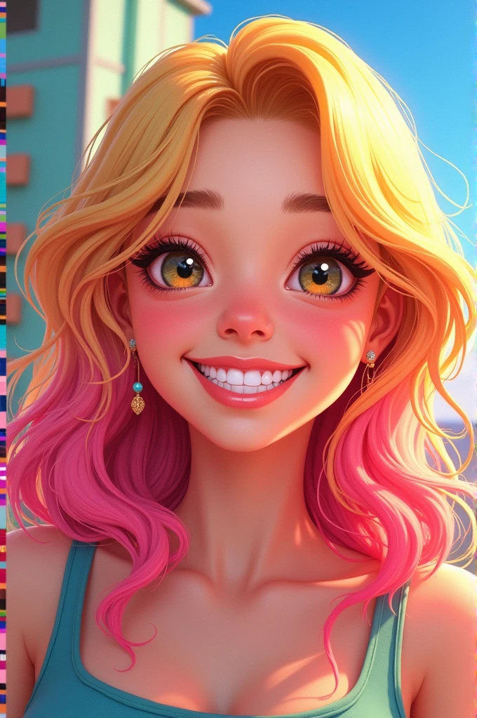 A girl is with a radiant smile with blonde hair and pink highlights