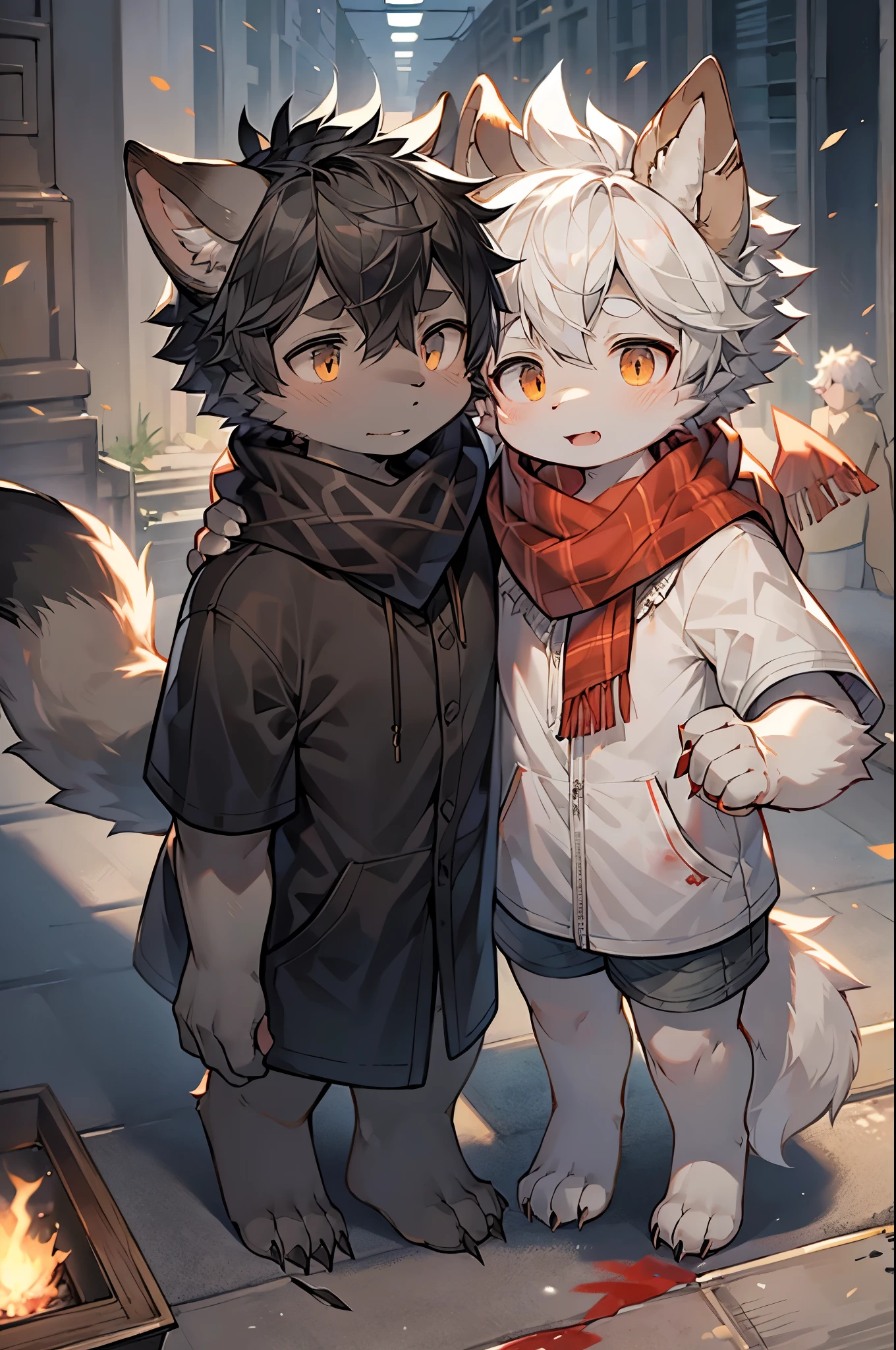 Gray Wolf Boy,Hairy boy,Characteristics of infants and children,Gray hair,Gray skin,Black Arm,scarf,Short sleeve,shorts,Multiplayeght,pain,blood