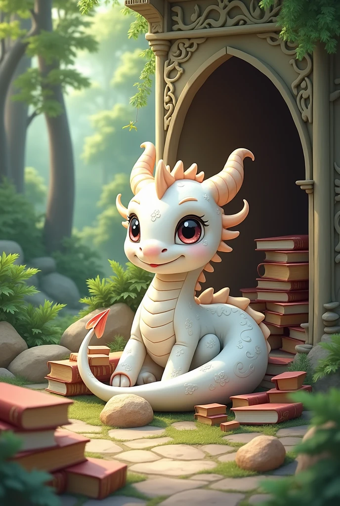 white dragon,cute style,Chinese style,Dragon takes books,Background forest,cover cave,architectural cave,Building materials spilled,Background building materials on the ground