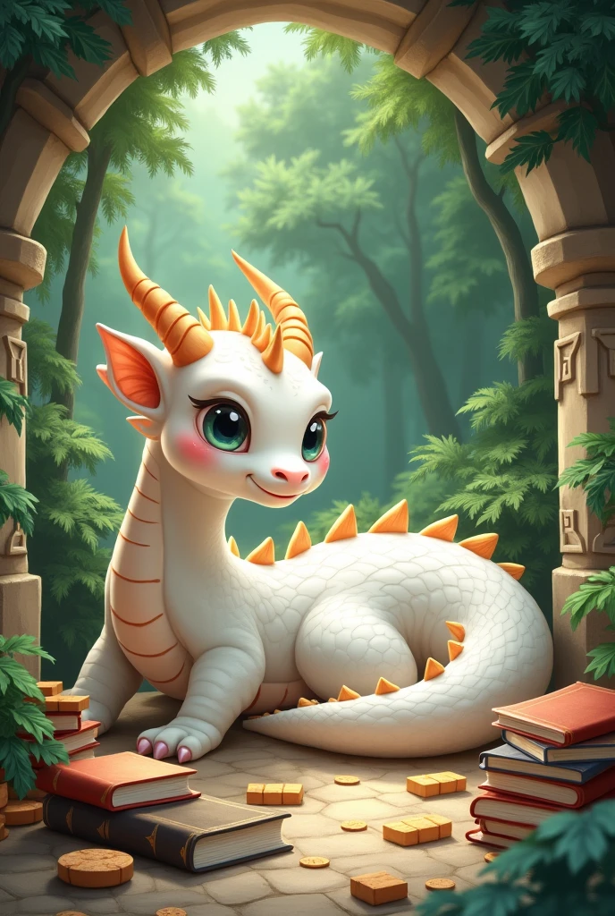 white dragon,cute style,Chinese style,Dragon takes books,Background forest,cover cave,architectural cave,Building materials spilled,Background building materials on the ground