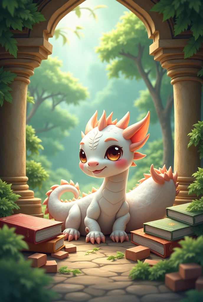white dragon,cute style,Chinese style,Dragon takes books,Background forest,cover cave,architectural cave,Building materials spilled,Background building materials on the ground