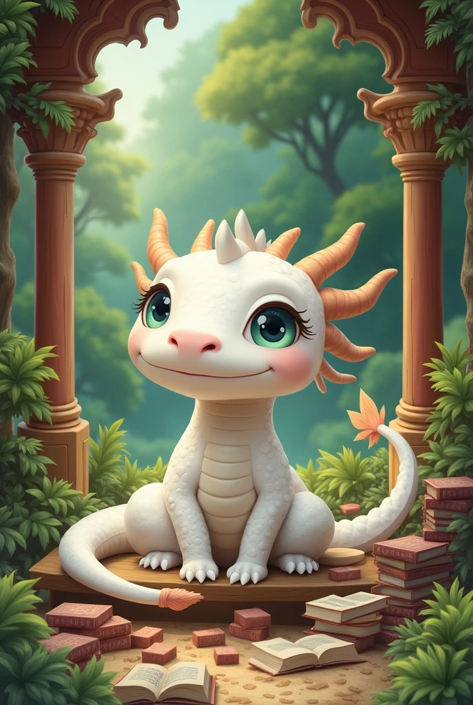 white dragon,cute style,Chinese style,Dragon takes books,Background forest,cover cave,architectural cave,Building materials spilled,Background building materials on the ground