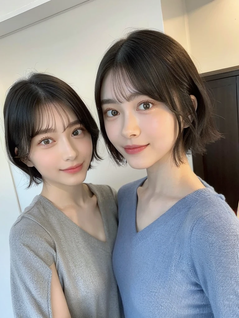 (masterpiece:1.3), (8k, Photoreal, Raw photo, best image quality: 1.4), Japanese high school girl、(random hairstyle:1.2)、cleavage:1.5、super detail face、eye for details、double eyelid、chest to chest、sharp focus:1.2、Beautiful woman:1.4、light brown hair、highest quality、masterpiece、超A high resolution、(Photoreal:1.4)、Highly detailed and professionally lit smiles、loose and light knitwear、shoulder out、thin、serious expression、short haired、deadly position
similar identical twins
All the girls have the exact same face, The two have the same face and figure, as if they were mirror images.