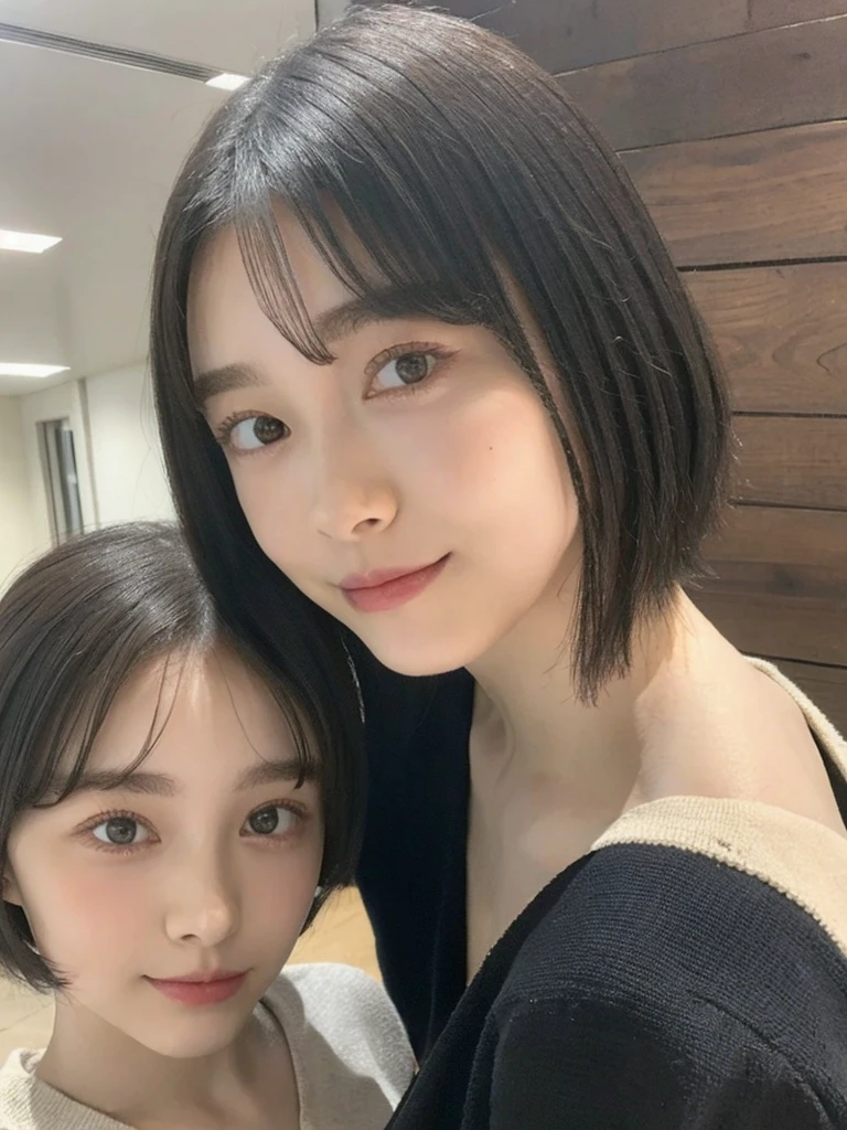 (masterpiece:1.3), (8k, Photoreal, Raw photo, best image quality: 1.4), Japanese high school girl、(random hairstyle:1.2)、cleavage:1.5、super detail face、eye for details、double eyelid、chest to chest、sharp focus:1.2、Beautiful woman:1.4、light brown hair、highest quality、masterpiece、超A high resolution、(Photoreal:1.4)、Highly detailed and professionally lit smiles、loose and light knitwear、shoulder out、thin、serious expression、short haired、deadly position
similar identical twins
All the girls have the exact same face, The two have the same face and figure, as if they were mirror images.