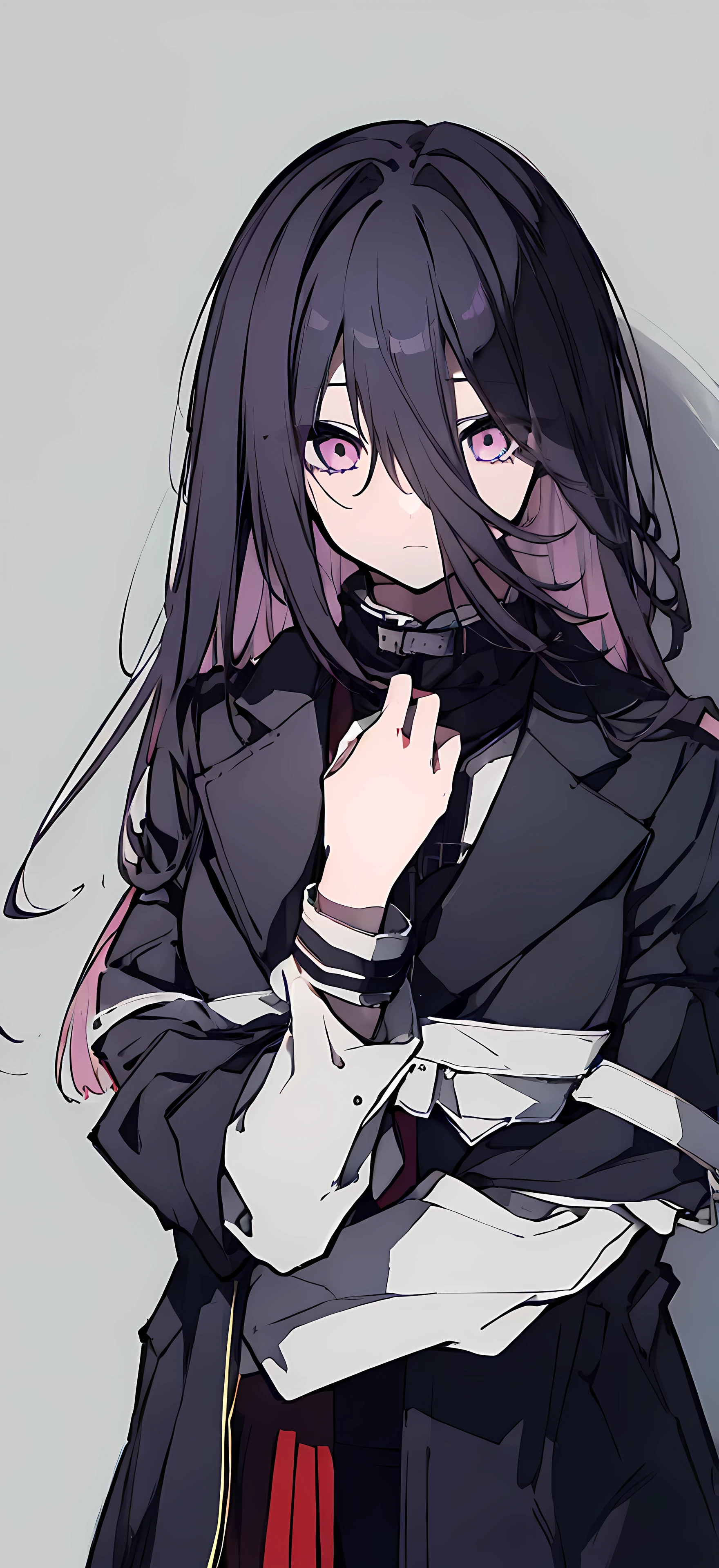 One Girl, Highest quality, Purple Hair、Black leather coat、red and white eyes、Sharp Eye、Determined eyes、depression、About 15 years old、Dark clothing、Gray background、Long Hair、I'm thinking、Deep breathing、Show all