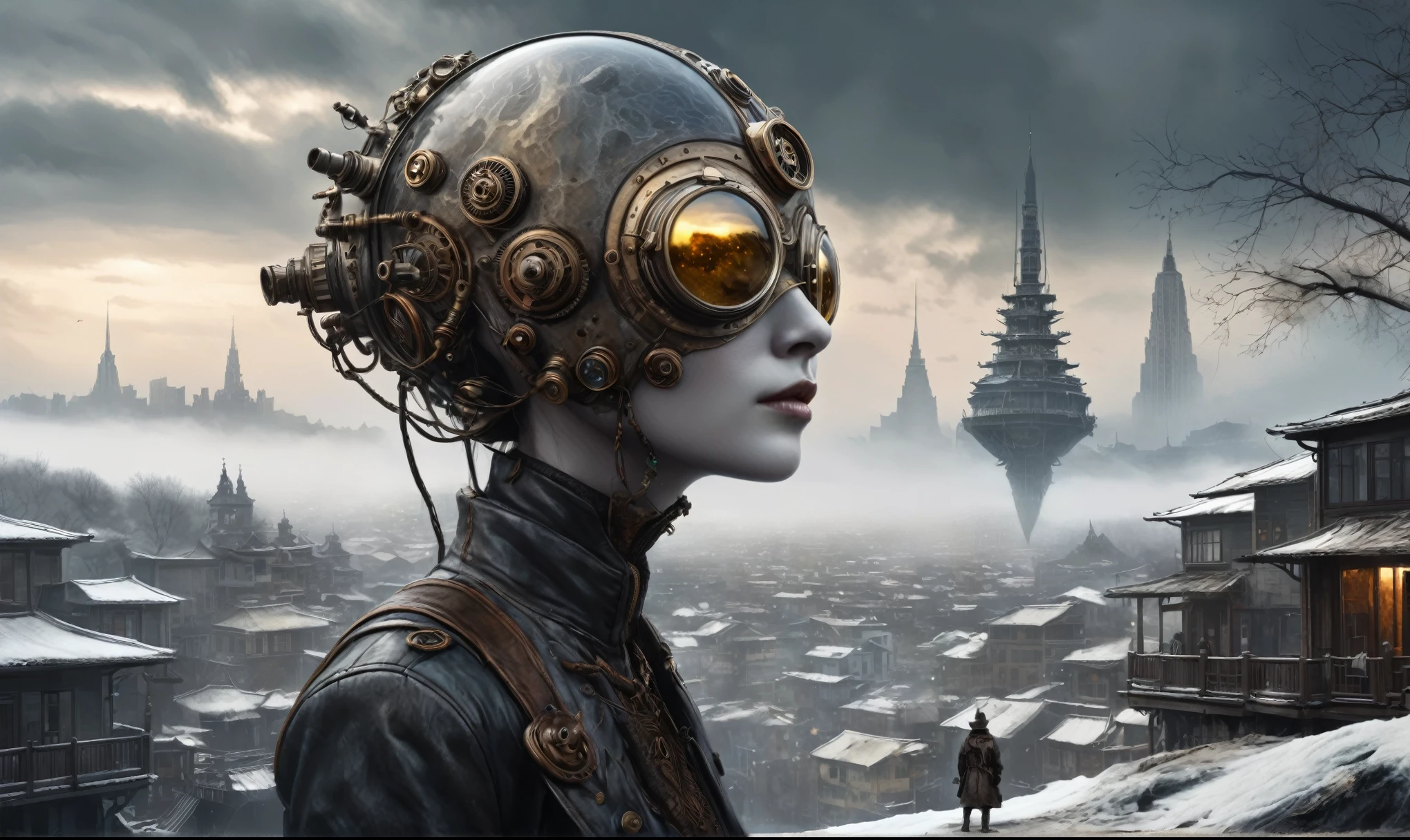 insane pilot from USSR ,pinhead, camouflage Rusty, Ambient in a meteorite ,graphite witch after a psychiatric clinic,winter,intricate landscape,slate grey atmosphere,film grain,faded,eyes extremely detailed,another world,ring of truth,view from height,once pretty face,eyebrow up,full body shot,ominous landscape, Simon Stalenhag,Nicola Samori,full body shot,beggar paladium The Alien Entity,Technicolor,natural skin textures, hyper realism, hyper detailed,Extremely detailed,High contrast,Masterpiece,Realistic,Ultra Detailed, intricate details,realistic humid leather,extremly intricate,Epic Realistic, cinematic style,irina yermolova,high contrast,hdr,extremely detailed, deep night landscape,masterpiece,intricate details,faded,eyes extremely detailed, high detailed eyes,8k resolution,RAW,retina, Nikon Z9,China,Guangxi Zhuang of China,tkt style,ears perfect, transition between two art styles, Ink painting to photorealism, Double contact, X-ray, Creative, vivid light, masterpiece, fantasy, Abstract Surrealism, super detailed, high resolution, stop:35;Her skin is pale, almost translucent,ancient rock,a hot air soars through the layers of clouds, revealing a colossal and enigmatic cityscape nestled within. The buildings in this ethereal city are adorned with intricate details and exude an aura of mystery. Above the cityscape, lend an enchanting touch to the scene. steampunk. The intricate mechanics create a sense of wonder and fascination, as if stepping into a dreamlike realism