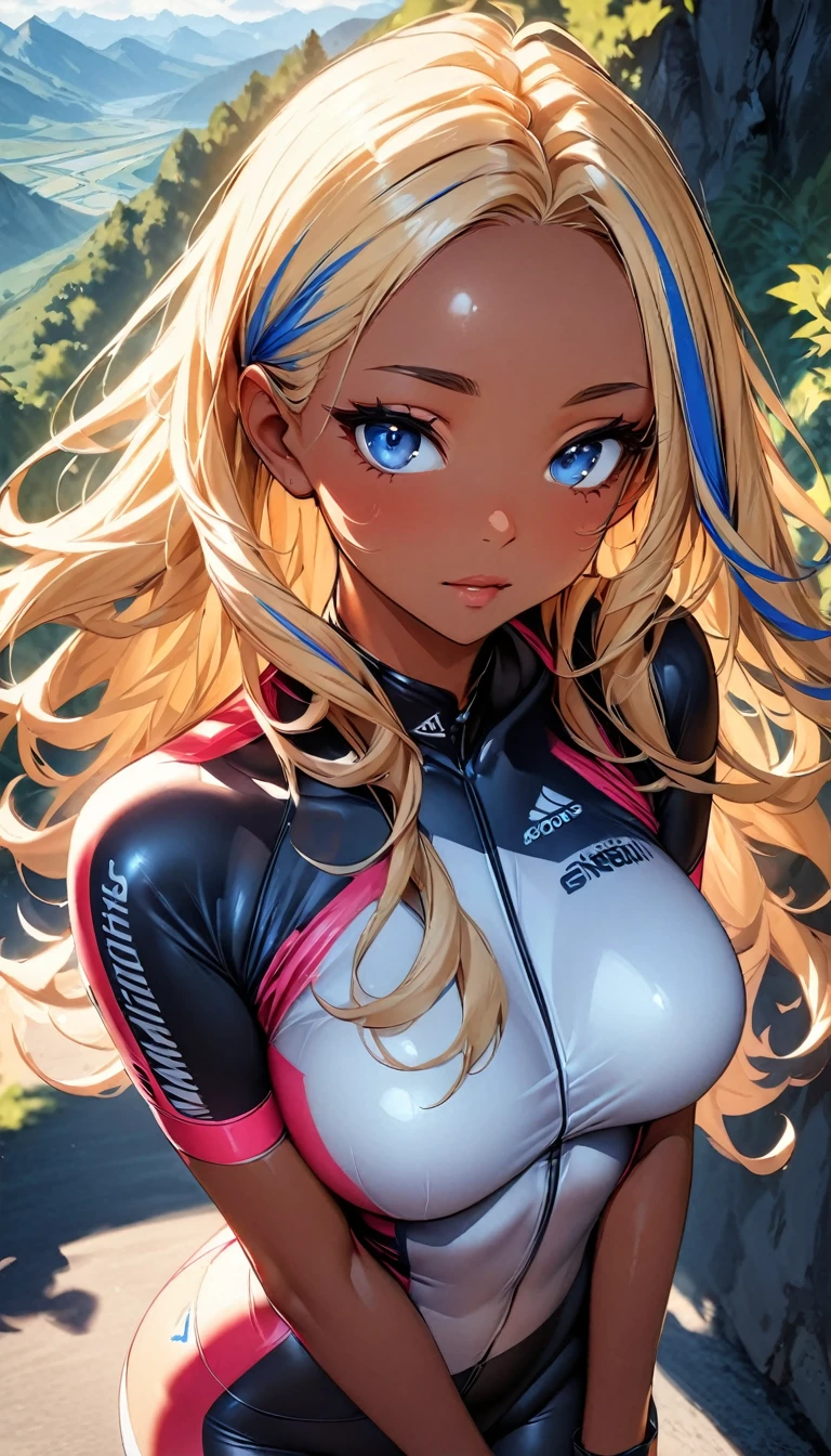 (highest quality:1.2, Very detailed, up to date, Vibrant, Ultra-high resolution, High Contrast, masterpiece:1.2, highest quality, Best aesthetics), Portraiture、girl、(slim:1), long hair, ((wavy hair:0.6))、messy hair, blonde and blue ((streaked hair:1.3)), highlights hair: 1.3, blue eye, medium breast, (tan skin:1.3), road racer, Bright colors、Beautiful fine details、Beautiful lip detail, (wearing road bike helmet:1.5), cycling wear, mountain road, (cowboy shot:1.5), look at viewer