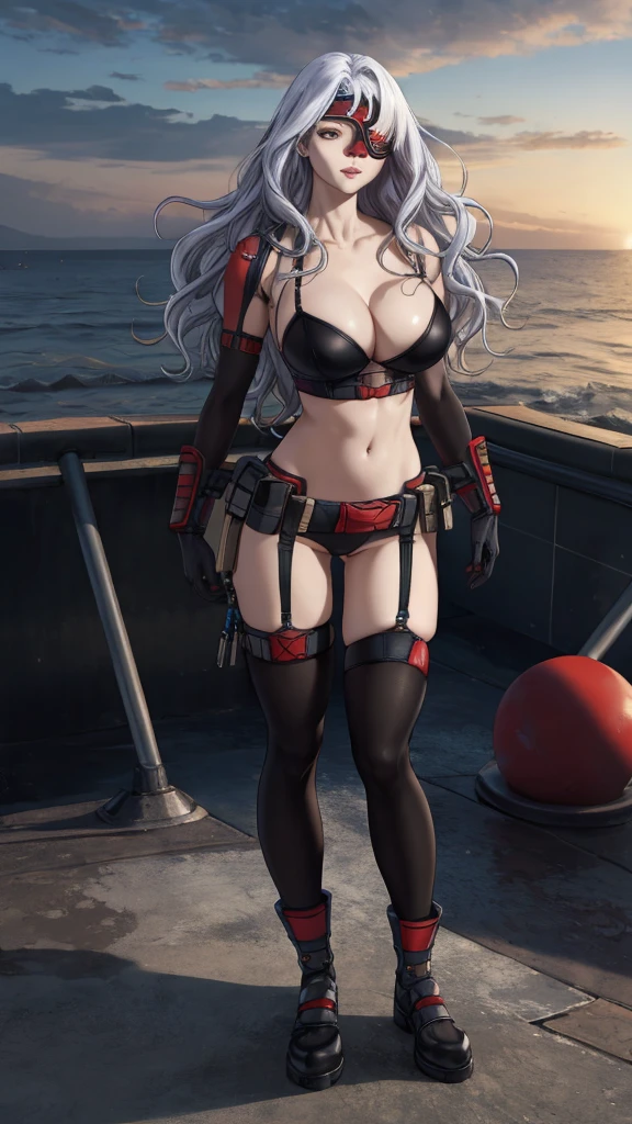 masterpiece, (best quality), vibrant colors ,natural lighting ,RTX, perfect proportions, beautiful, detailed face, (perfect eyes:1.1) ,(photorealistic:1.1), 8k uhd, ocean, close-up, POV, kana, 1girl, solo, long hair, , looking at viewer, thighhighs, navel, cleavage, wr, eyepatch, single thighhigh, red armguard, black gloves, black footwear,
