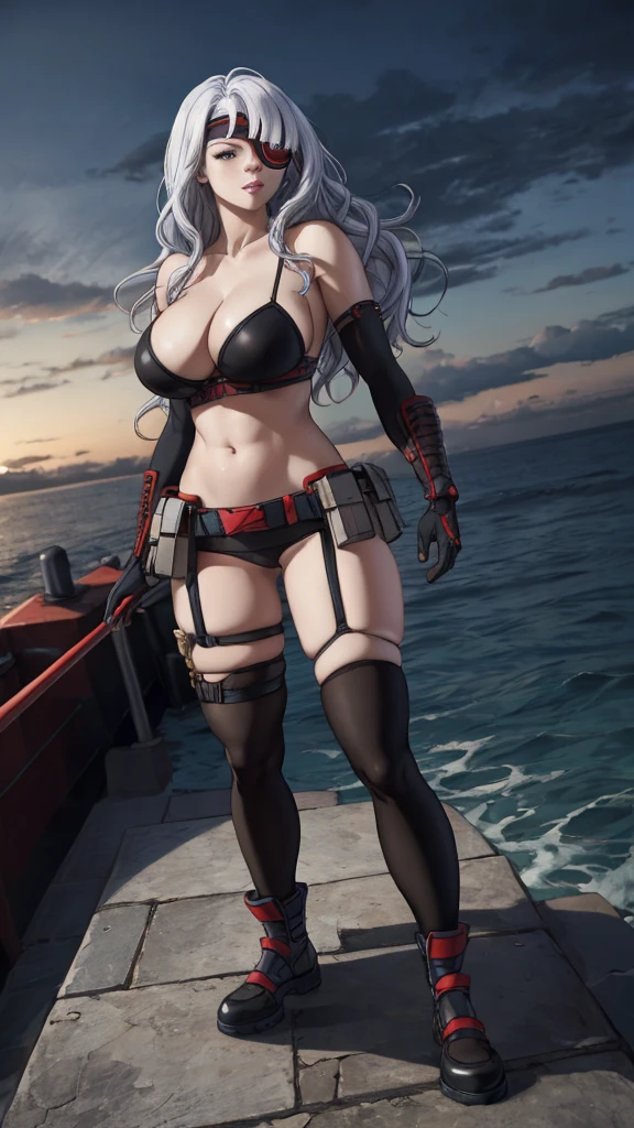 masterpiece, (best quality), vibrant colors ,natural lighting ,RTX, perfect proportions, beautiful, detailed face, (perfect eyes:1.1) ,(photorealistic:1.1), 8k uhd, ocean, close-up, POV, kana, 1girl, solo, long hair, big breasts, looking at viewer, thighhighs, navel, cleavage, white hair, eyepatch, single thighhigh, red armguard, black gloves, black footwear,