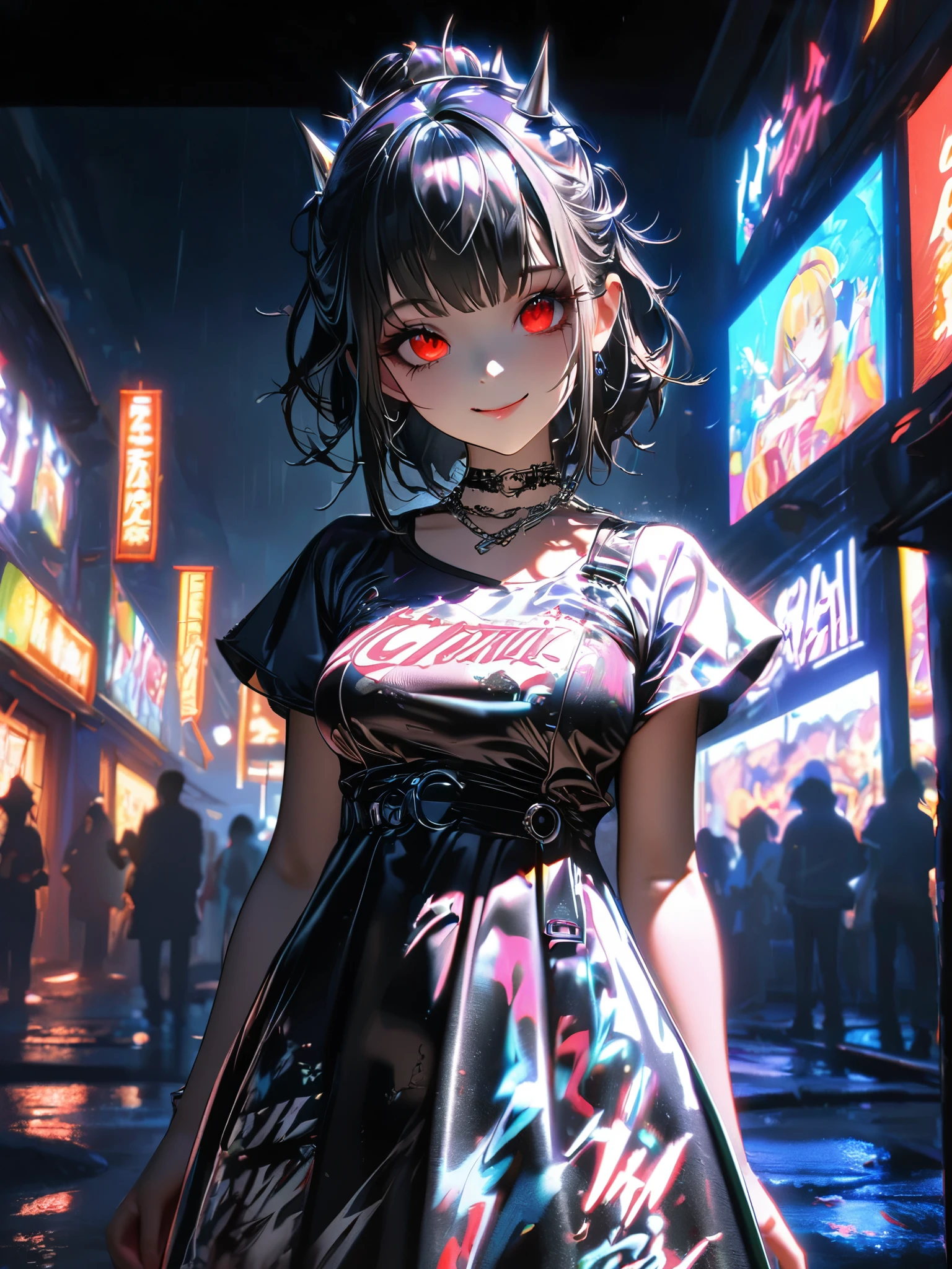 1 girl, chromatic aberration, Written boundary depth, Soft Light, masterpiece, Highest quality, complicated, Tone Mapping, A place where fireworks are set off at festivals. Concept Art, Smooth, Clear focus, Dramatic lighting, Very cinematic, super practical painting, アートステーション's trending, 8k, Incredible Shadows, practical,  whole body, View, Viewers, Portrait of a Girl 1, standing on street corner, Heavy rain and lightning、Dark Sky, neon and cyber punk background, she is dressed in punk clothing with silver chains and silver spikes, Her hair was dyed a bright black color..........Ominous aura of light, smile, punk, ciber punk, Backlight.Fashionable clothes、Friendly dress code:The white camisole is very stylish..My breasts are a little big.Beautiful red eyes