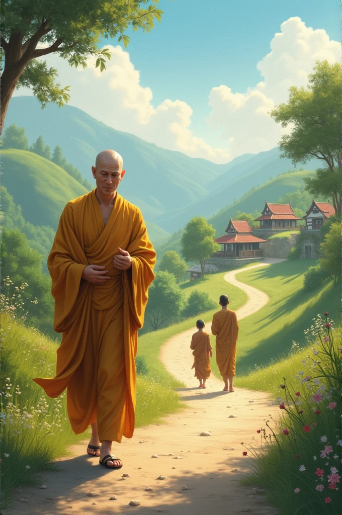 Morning time, Buddha goes to the village for request for meal