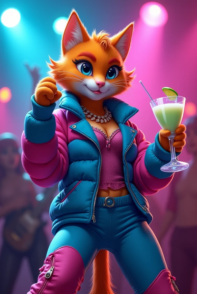Real furry Popstar diva with orange head cat on a danceclub with a milky marguerita drink on hand with blue and pinks clothes