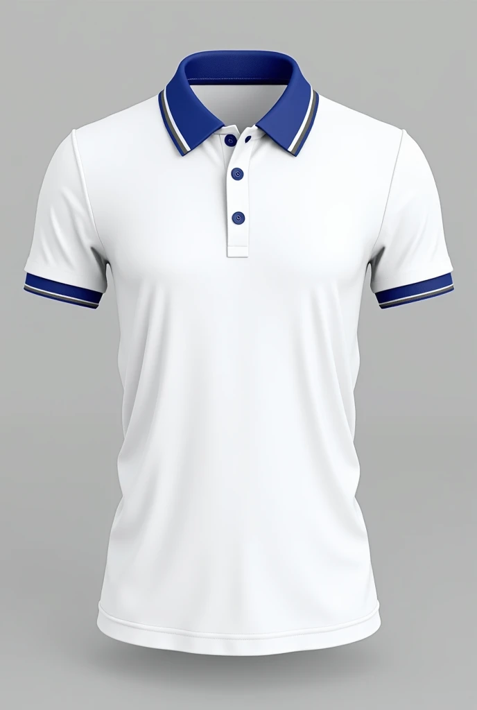 A white polo shirt with royal blue and grey lines on the neck and sleeves, the image being moulded to the body
