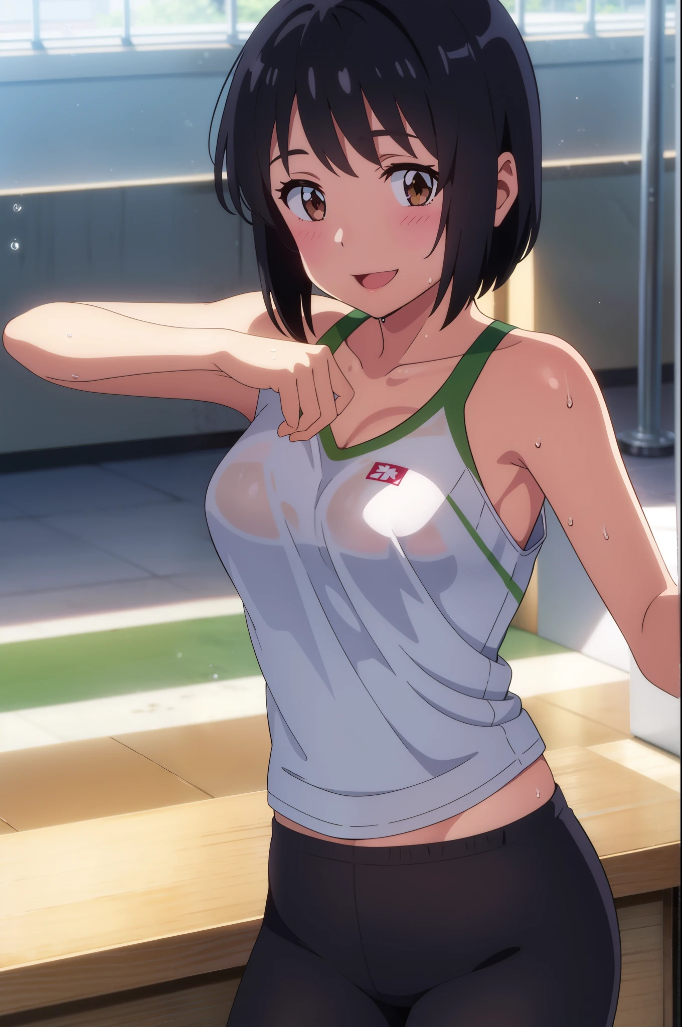 shinkai makoto, kimi no na wa., 1girl, bangs, black hair, blush, brown eyes, looking at the viewer, short hair, solo, shinny skin, smile, cute, open mouth, hair ornaments, sport wear, arm up, shirt, sweat, medium breasts, wet, white shirt, wet clothes, collarbone, (masterpiece), best quality