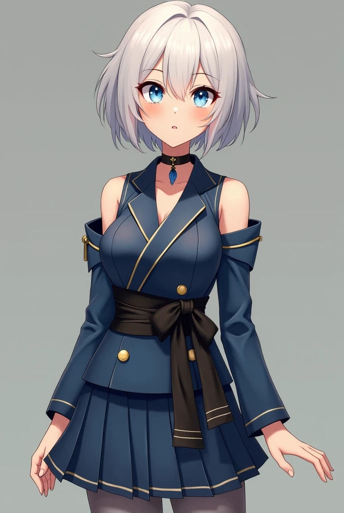 Female character from the Miraculous LadyBug series White hair untied short style,blue eyes,School uniform type suit with black obi with white details,Gold and Blue ,Uncovered shoulders ,black low heel shoes ,Gray tights ,Black choker with feather pendant ,Tez blanca,thin and with black lined eyes, With black lips ,not anime style ,in front pose