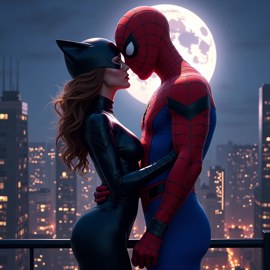 Spider man with Catwoman love, full body image, night in the City lights, beautiful moon.