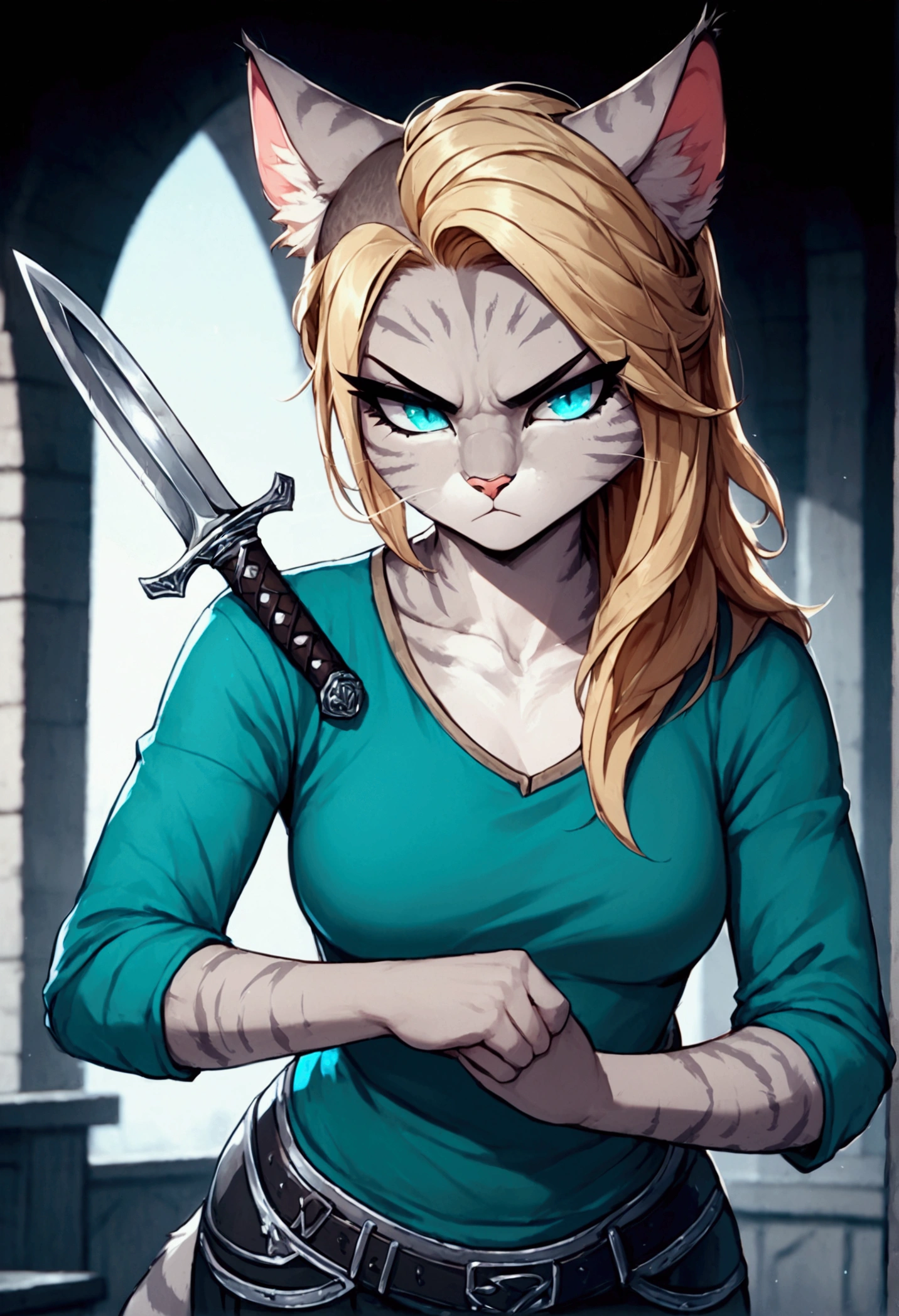 Solo, score_9,score_8_up,score_7_up, solo, anthro, kat, undercut haircut, long blonde hair, wearing black assassins outfit, holding a dagger, serious face