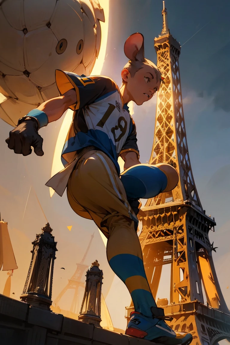 a photorealistic anthropomorphic mouse wearing a world cup soccer jersey kicking a soccer ball at the Eiffel Tower, the jersey has the arabic numeral 8, anthropomorphic, dramatic lighting, 8K, portrait, extremely detailed, intricate details, cinematic lighting
