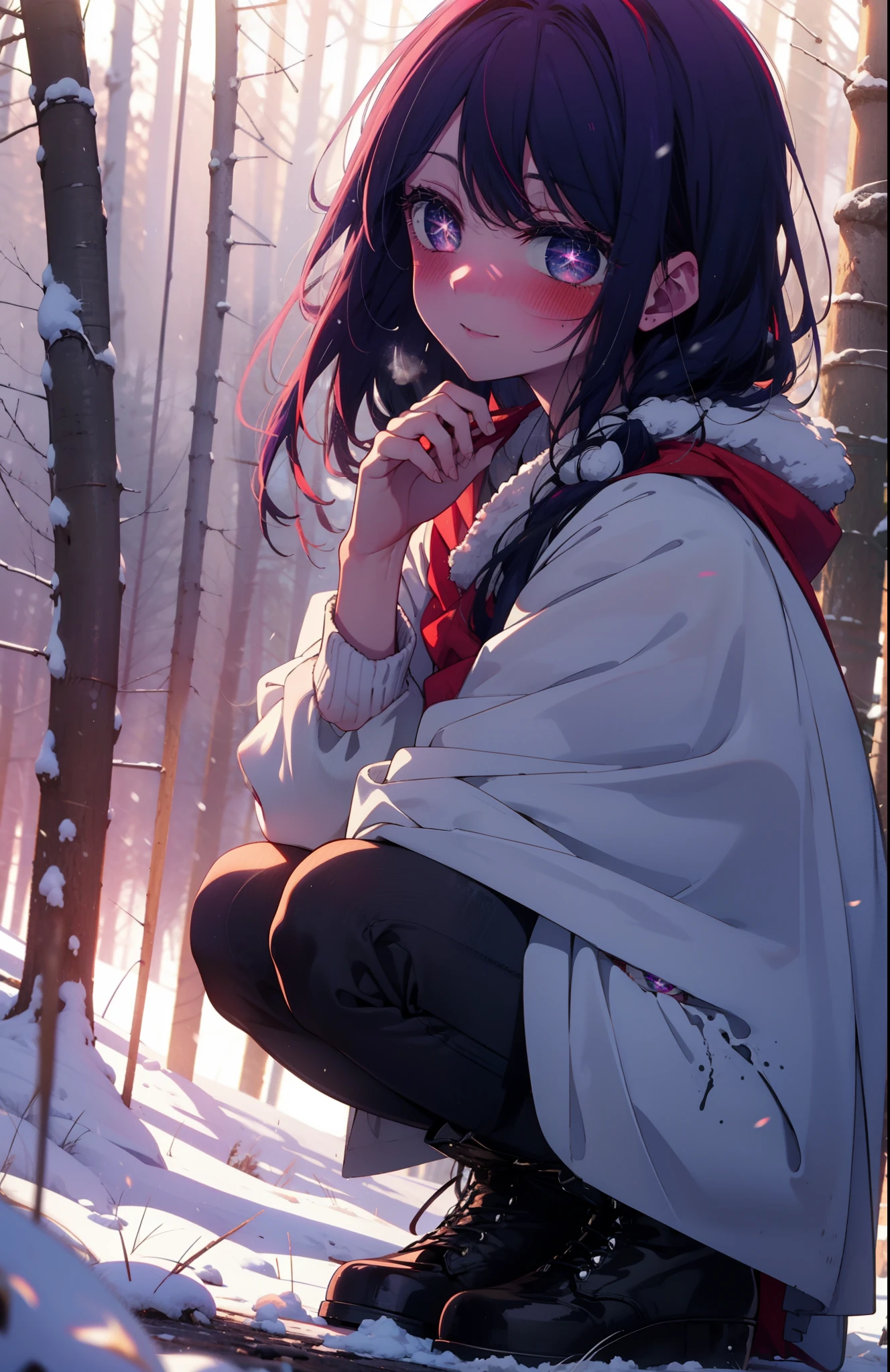 aihoshino, Ai Hoshino, Long Hair, bangs, (Purple eyes:1.1), Purple Hair, (Symbol-shaped pupil:1.5), smile,,smile,blush,white breath,
Open your mouth,snow,Ground bonfire, Outdoor, boots, snowing, From the side, wood, suitcase, Cape, Blurred, , forest, White handbag, nature, Squat, Mouth closed, Cape, winter, Written boundary depth, Black shoes, red Cape break looking at viewer, Upper Body, whole body, break Outdoor, forest, nature, break (masterpiece:1.2), Highest quality, High resolution, unity 8k wallpaper, (shape:0.8), (Beautiful and beautiful eyes:1.6), Highly detailed face, Perfect lighting, Highly detailed CG, (Perfect hands, Perfect Anatomy),