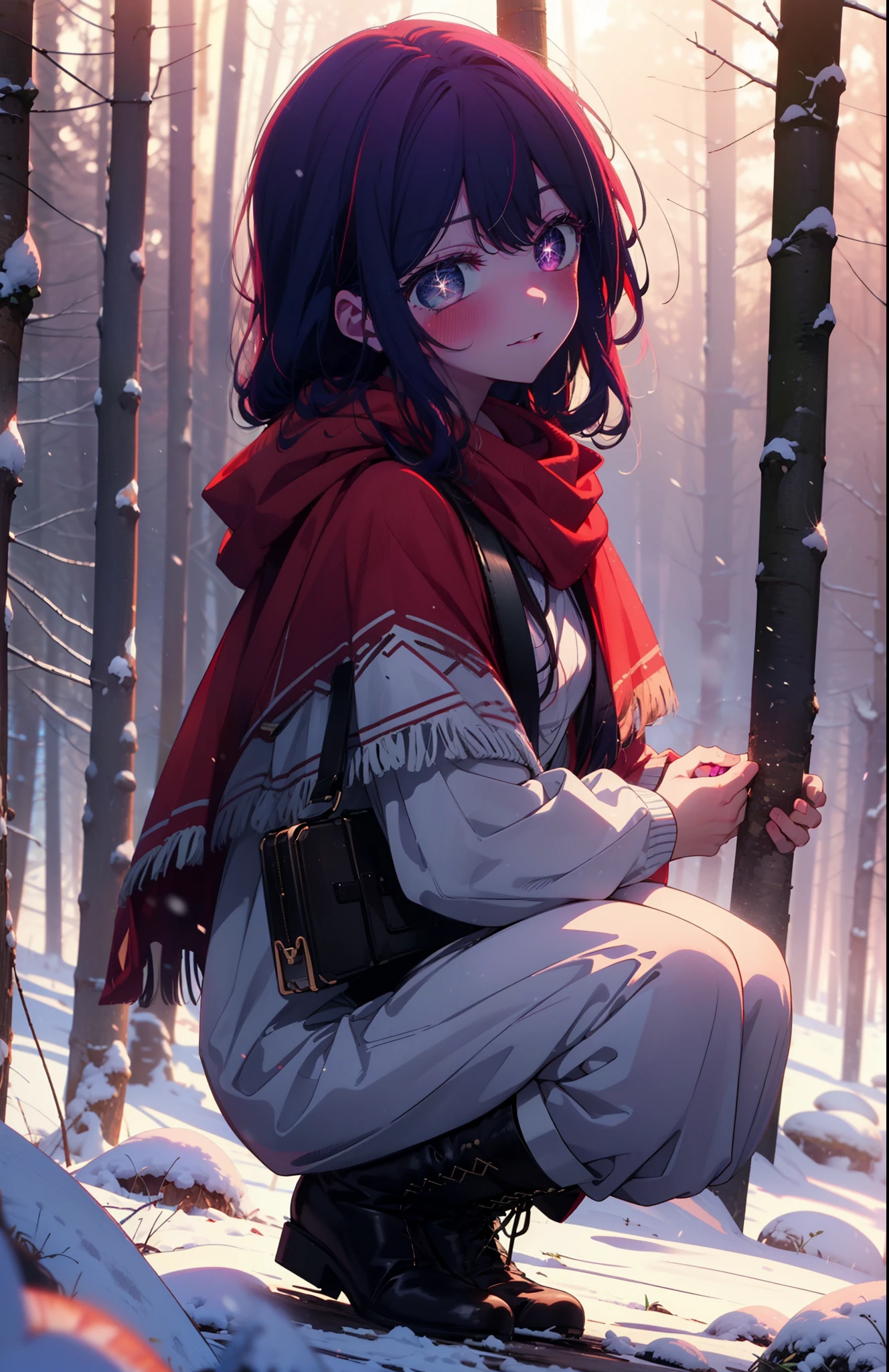 aihoshino, Ai Hoshino, Long Hair, bangs, (Purple eyes:1.1), Purple Hair, (Symbol-shaped pupil:1.5), smile,,smile,blush,white breath,
Open your mouth,snow,Ground bonfire, Outdoor, boots, snowing, From the side, wood, suitcase, Cape, Blurred, , forest, White handbag, nature,  Squat, Mouth closed, Cape, winter, Written boundary depth, Black shoes, red Cape break looking at viewer, Upper Body, whole body, break Outdoor, forest, nature, break (masterpiece:1.2), Highest quality, High resolution, unity 8k wallpaper, (shape:0.8), (Beautiful and beautiful eyes:1.6), Highly detailed face, Perfect lighting, Highly detailed CG, (Perfect hands, Perfect Anatomy),