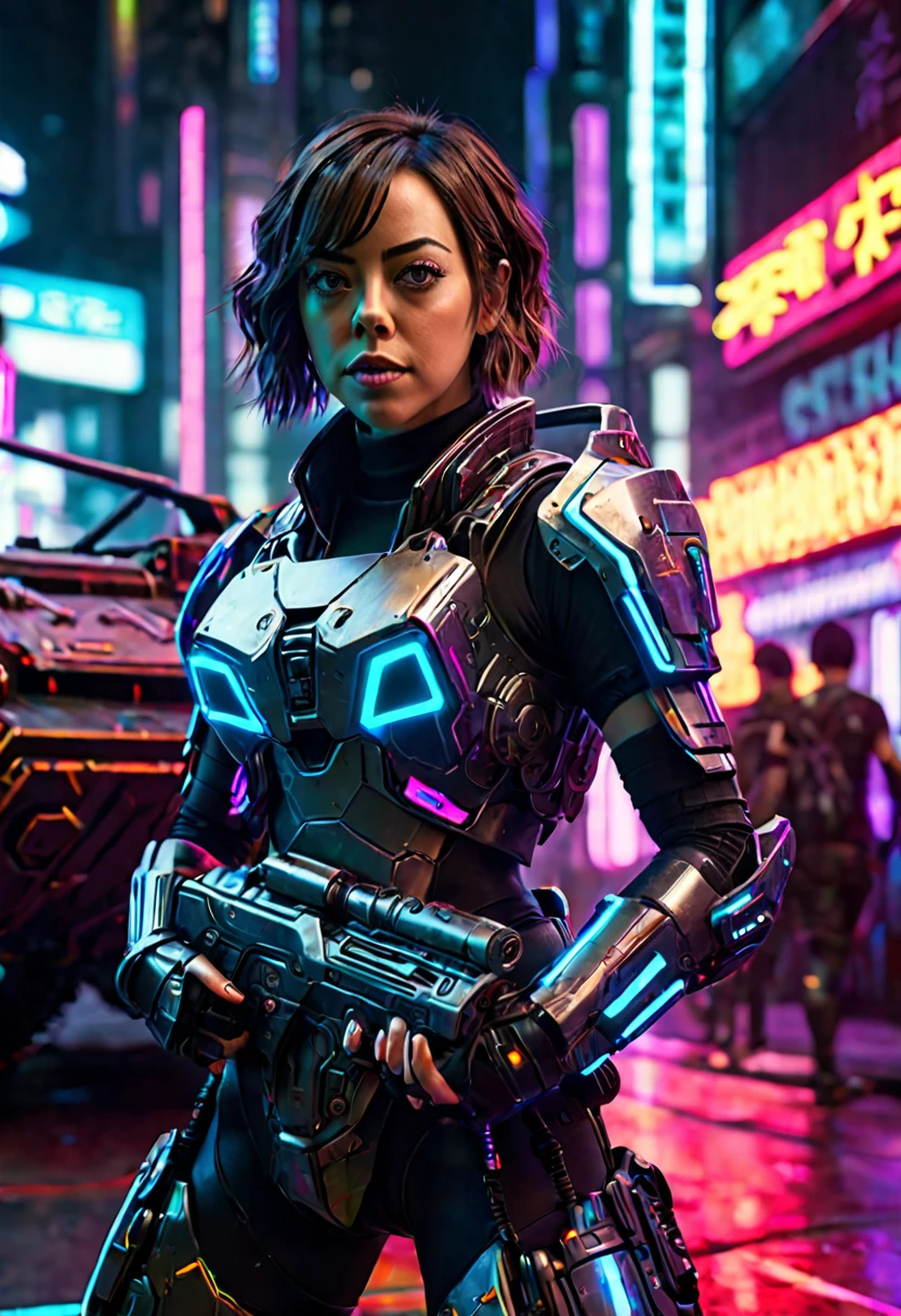 Aubrey Plaza, detailed cyberpunk armored scifi tank, neon highlights and trim, oversized scifi weapon, lead tank for MMO group, cyber Tokyo, hyper realistic, cinematic lighting, 8K, high resolution, masterpiece, dramatic pose, intense expression, dynamic action, vibrant colors, futuristic, intricate details, photorealistic
