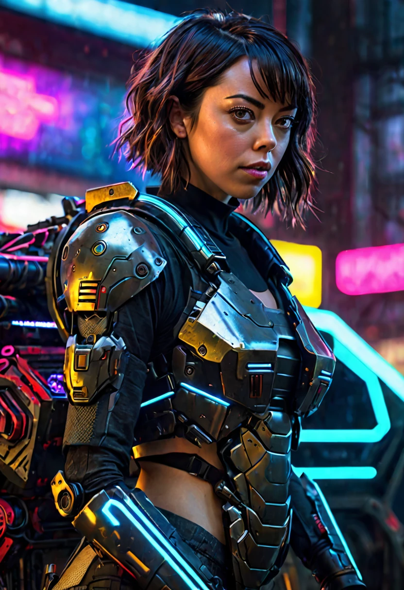 Aubrey Plaza, detailed cyberpunk armored scifi tank, neon highlights and trim, oversized scifi weapon, lead tank for MMO group, cyber Tokyo, hyper realistic, cinematic lighting, 8K, high resolution, masterpiece, dramatic pose, intense expression, dynamic action, vibrant colors, futuristic, intricate details, photorealistic
