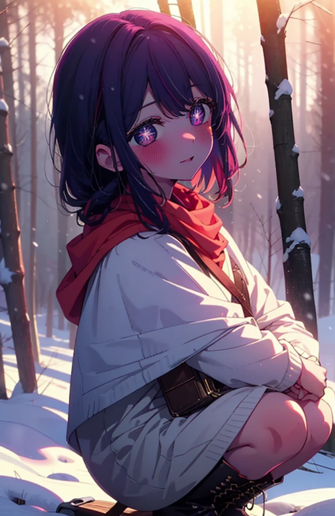 aihoshino, Ai Hoshino, Long Hair, bangs, (Purple eyes:1.1), Purple Hair, (Symbol-shaped pupil:1.5), smile,,smile,blush,white breath,
Open your mouth,snow,Ground bonfire, Outdoor, boots, snowing, From the side, wood, suitcase, Cape, Blurred, , forest, White handbag, nature, Squat, Mouth closed, Cape, winter, Written boundary depth, Black shoes, red Cape break looking at viewer, Upper Body, whole body, break Outdoor, forest, nature, break (masterpiece:1.2), Highest quality, High resolution, unity 8k wallpaper, (shape:0.8), (Beautiful and beautiful eyes:1.6), Highly detailed face, Perfect lighting, Highly detailed CG, (Perfect hands, Perfect Anatomy),