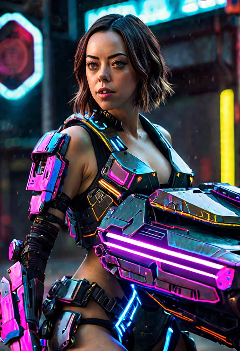 Aubrey Plaza, detailed cyberpunk armored scifi tank, neon highlights and trim, oversized scifi weapon, lead tank for MMO group, cyber Tokyo, hyper realistic, cinematic lighting, 8K, high resolution, masterpiece, dramatic pose, intense expression, dynamic action, vibrant colors, futuristic, intricate details, photorealistic