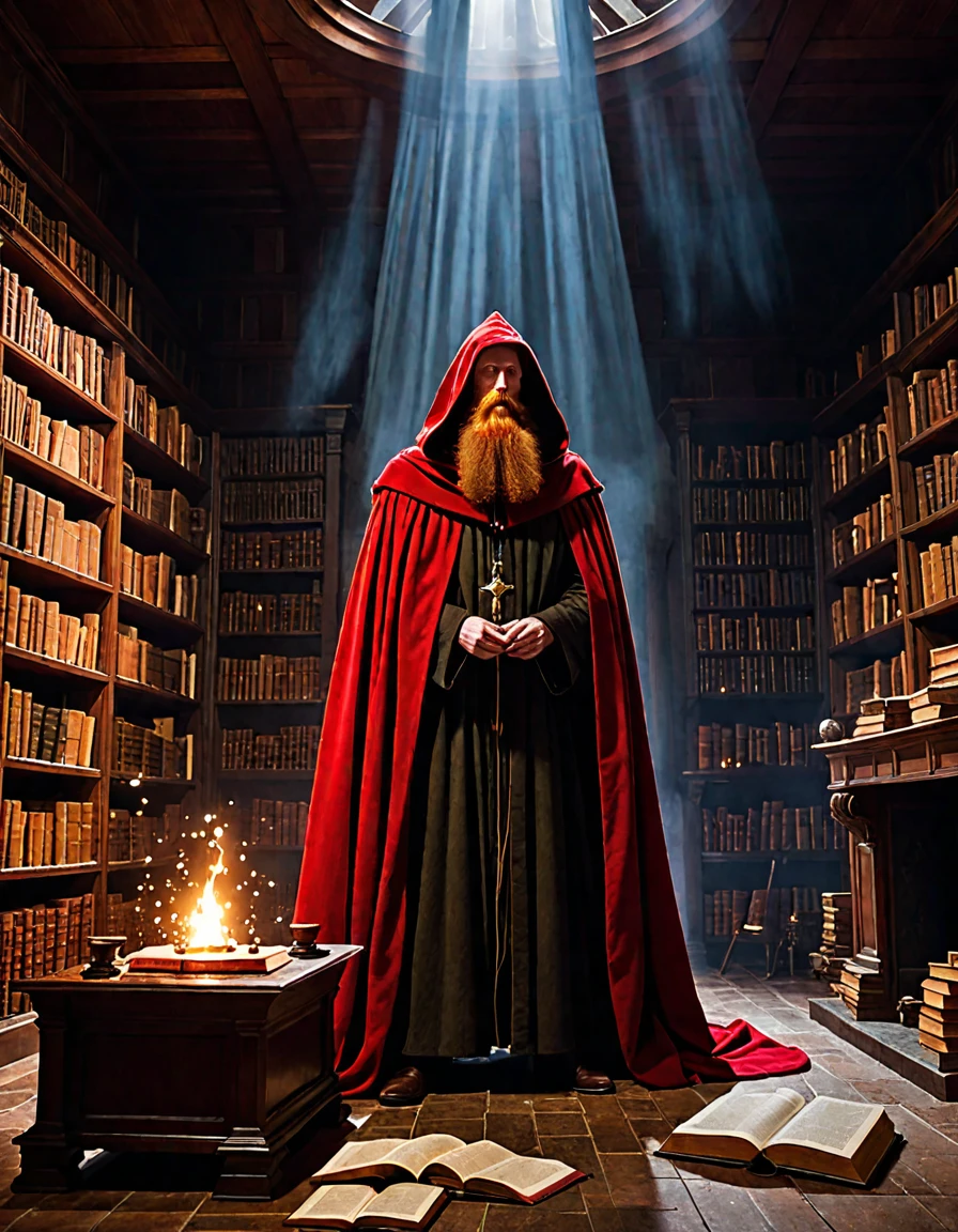 Amidst a dim light, Ruined mansion, a red-haired wizard with a long beard and wearing a vinza cloak with a pointed hood performs a desperate ritual to banish an otherworldly entity. The air crackles with energy as books fly off the shelves, furniture levitates, and shadows dance on the walls. with detailed photorealism, the scene captures the chaos and tension of the exorcism, with every object and particle meticulously rendered to convey the abnormal physics in play.