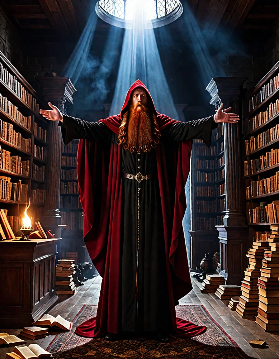 Amidst a dim light, Ruined mansion, a red-haired wizard with a long beard and wearing a vinza cloak with a pointed hood performs a desperate ritual to banish an otherworldly entity. The air crackles with energy as books fly off the shelves, furniture levitates, and shadows dance on the walls. with detailed photorealism, the scene captures the chaos and tension of the exorcism, with every object and particle meticulously rendered to convey the abnormal physics in play.