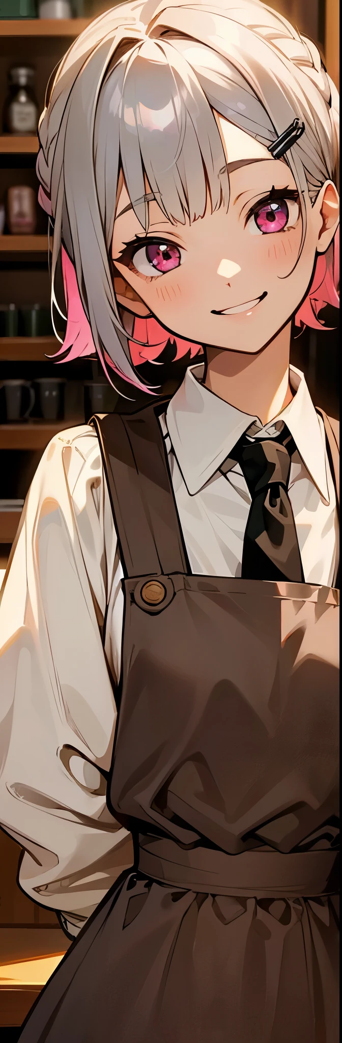 1girl、コーヒーショップで働くgirl、Wicked Smile、Upper body close-up、Side body、Brown apron、Inside the coffee shop、Silver and bob short hairstyle、Tie your hair up with a hair clip、Pink Eyes、Perfect lighting、Warm colors