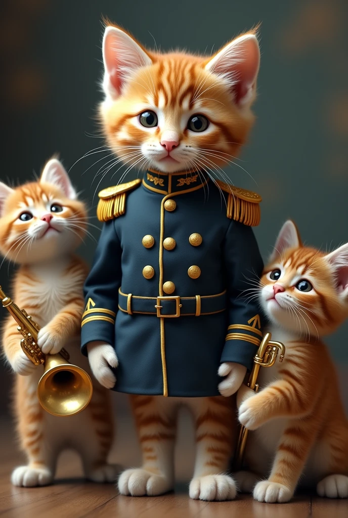 a hyperrealistic kitten in uniform meeting two kittens one of the cats with a trumpet