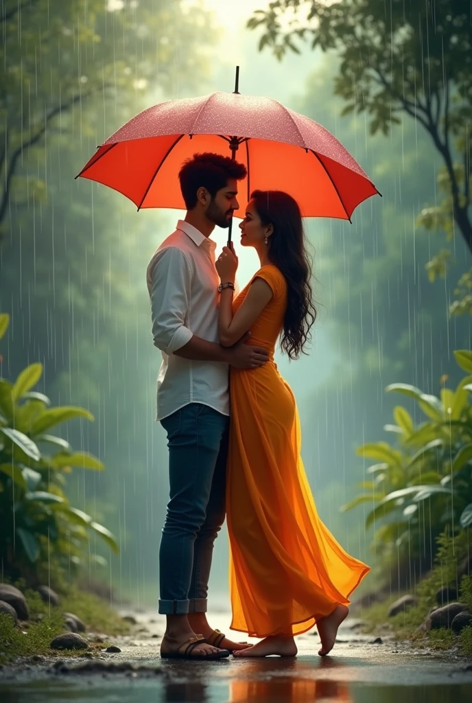South indian couple with romantic look. Under the umbrella in a slow rain fall. Normal dress. Close shot. Hands on sholder looking straight. Kissing to the top face. Illustation image. In kerala mountain with moody clouds. White skin tone couple. Nice body shape. Shoulder to shoulder. Beautiful boyfriend and girlfriend