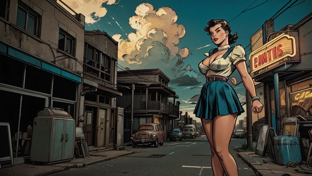 a 1950s female super-hero in an action pose, large breasts, short skirt, narrow waist, 1950s comic style, popping colors, contrast, detailed realistic cinematic scene, cinematic lighting, dramatic sky with clouds, abandoned vintage car, old-fashioned buildings, neon signs, 1950s era atmosphere, vibrant colors, hyper-realistic, 8k, ultra-detailed