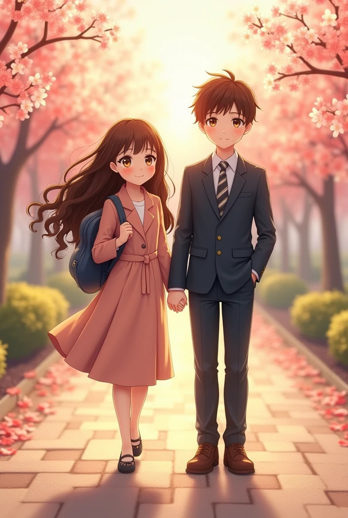 size：1242x2688 pixels，C4D Model，Young couple，Anime style，The eyes of boys and girls have a sense of brushing，A brown girl with long curly hair wearing a lady&#39;s long skirt suit and carrying a small backpack，Boys short brown hair，Wearing a casual and handsome suit，The two of them are full of hope for the future，Background spring blooming season，Spring，，highly，Volumetric light，happy top view up view ultra hd 4k，webp