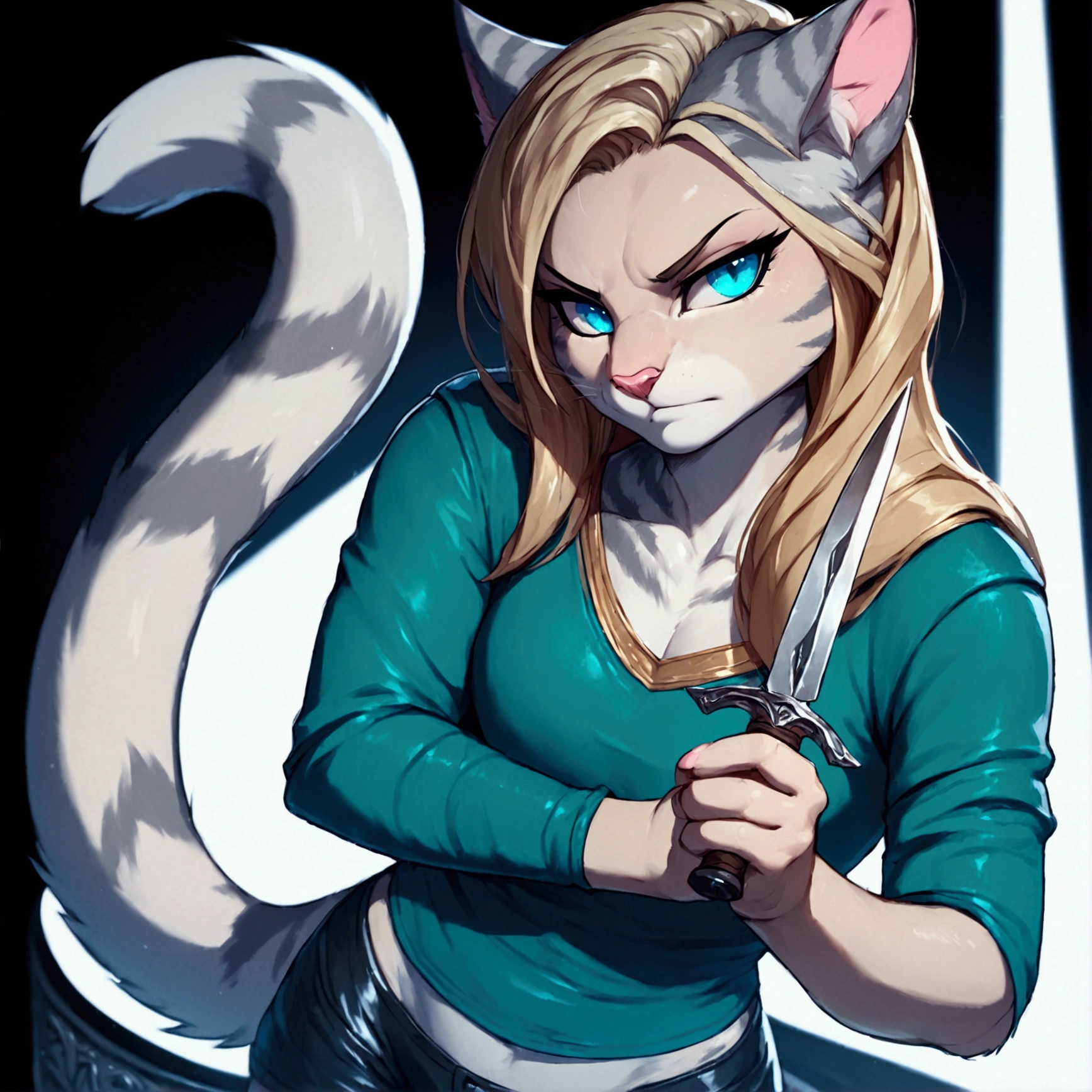 Solo, score_9,score_8_up,score_7_up, solo, anthro, kat, undercut haircut, long blonde hair, blue eyes, silver fur with grey stripes, pink nose, :3, tail, wearing black assassins outfit, black corset, black shorts, holding a dagger, serious face