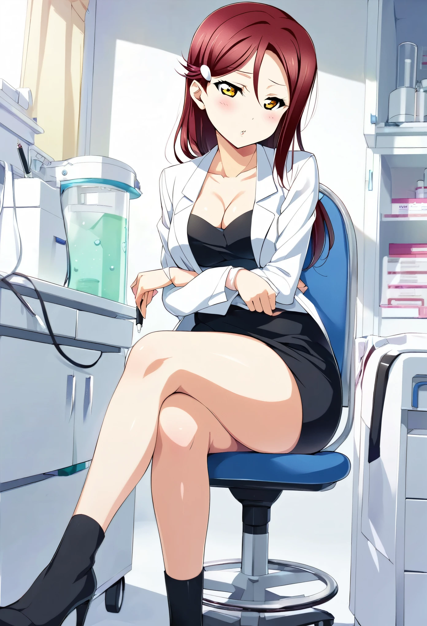 Hentai anime, hentai artist,solo,love live,highres,yellow eyes , sakurauchi riko love live, blush,cleavage ,collarbone ,doctor ,infirmary ,lab coat , pencil skirt , (lipstick:0.7), sitting on chair, crossed legs, thighs ,hair to side ,pen