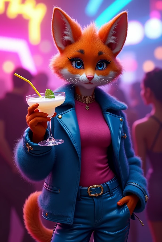 Realistic furry Popstar diva with orange head cat on a danceclub with a milky marguerita drink on hand with blue and pinks clothes