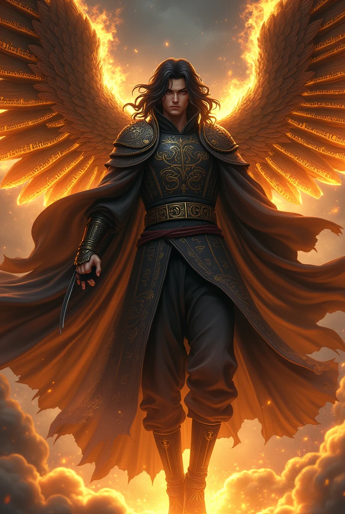 (Madara Uchiha ) (masculine) ( levitating) ( warrior armor ) ( long wavy black hair) (Black wings with Hebrew scriptures inscribed on them and set on fire) ( Golden aura of fire) ( Hides part of his face)