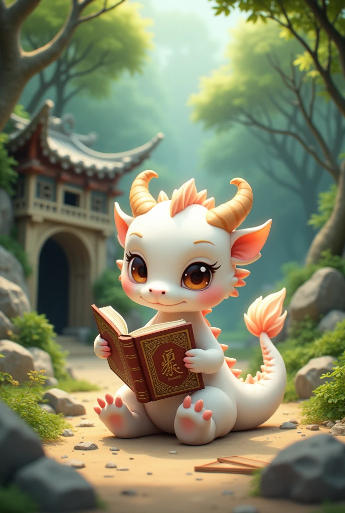 White dragon holding book,cute style,Chinese style,Background forest,cover cave,architectural cave,Building materials spilled,Background building materials on the ground