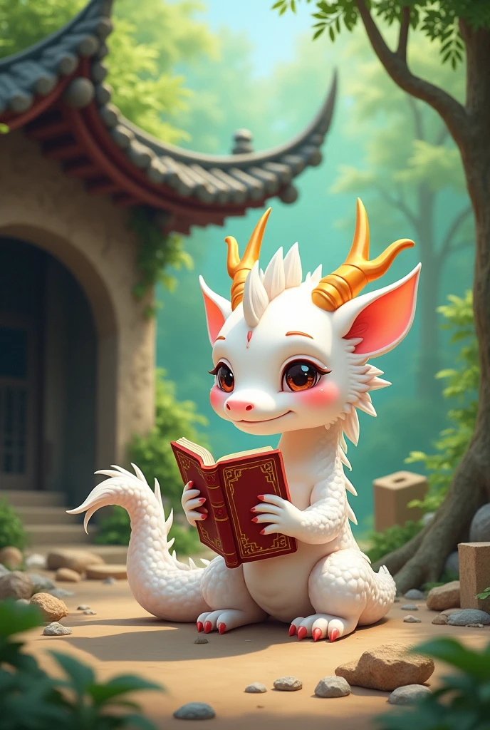 White dragon holding book,cute style,Chinese style,Background forest,cover cave,architectural cave,Building materials spilled,Background building materials on the ground