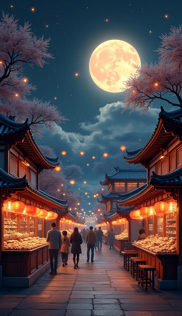 Mid-autumn nights,星が輝く夜In the sky輝く満月,Wide々としたWide場がライトアップされる。Wide場の真ん中に,Under the moonlight、The black and white colors look especially vibrant.。。very cute,Eye-catching。
Wide場には伝統的な竹の提灯やアート作品が点在している,Create a mystical and beautiful atmosphere for this celebration。At the mooncake stall、Mooncakes of various flavours lined up,The scent is good,Many tourists visit、take a photo。
As night falls,The light slowly fades.々Lights on,Add color to the whole scene。In the sky,The fireworks are in full bloom. A spectacular scroll painting celebrating the Mid-Autumn Festival.。。The scene is filled with a unique atmosphere of art and celebration.,You will definitely be impressed。