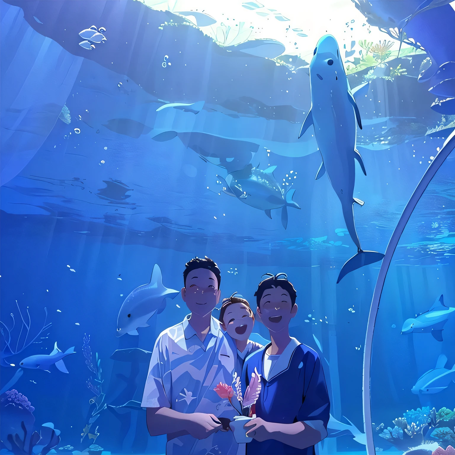 there are two people standing in front of a large aquarium, photo taken in 2 0 2 0, okinawa churaumi aquarium, Family photo, Vacation photos, happy family, taken in 2 0 2 0, standing under the sea, , jinyiwei, aquarium, Hot ，, Photo taken in 2018, dolphin, author：Catherine Scott, Ahhhh