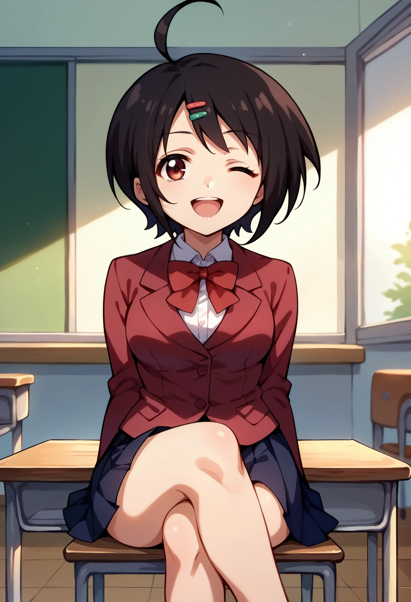 score_9, score_8_up, score_7_up, 1girl, solo, sakuTomo, black hair, short hair, ahoge,hairchip, maroon blazer, red bowtie, pleated skirt, happy, wink, sittion on a table, crossed legs, looking at you, classroom