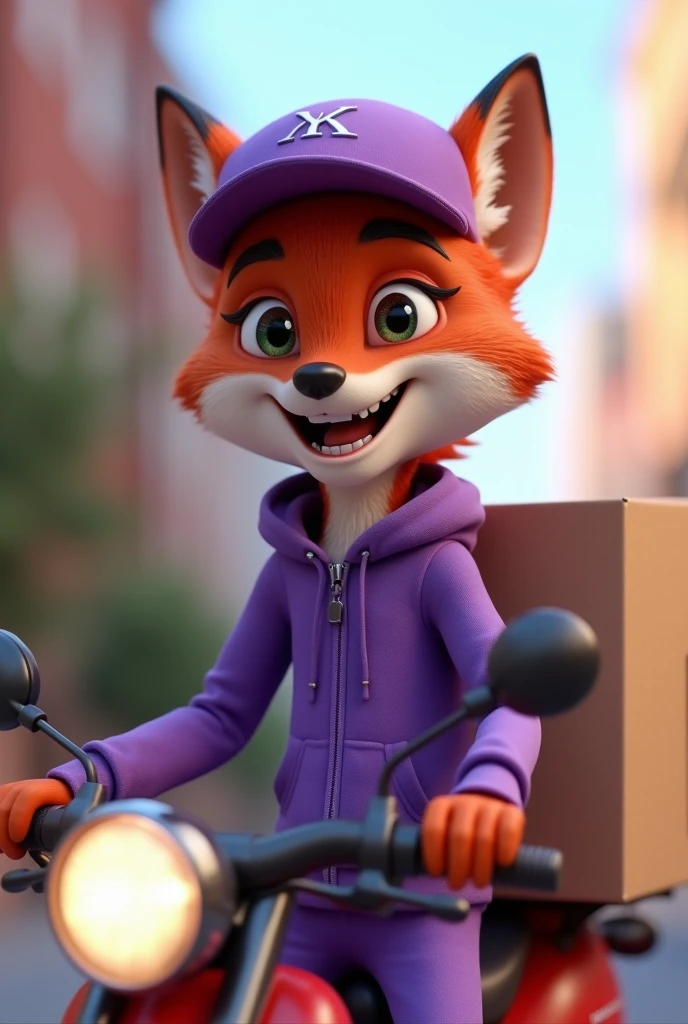 A young mature fox disney pixar style 3d wearing a purple tracksuit and stylish dropshipping on top of a motorcycle style delivery man wearing a delivery cap with charismatic look and a happy smile with a delivery box